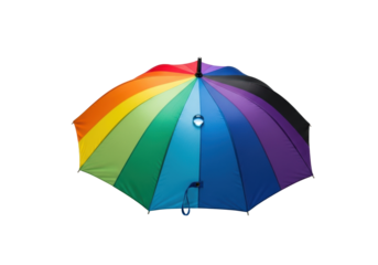 Premium, elegantly folded rainbow umbrella with vibrant segments and a clear water bead, isolated on a clean transparent background, 45-degree angle, high-end product concept