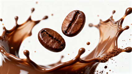 Two coffee beans are splashing in the rich coffee liquid, showing the dynamic and delicious coffee scene.