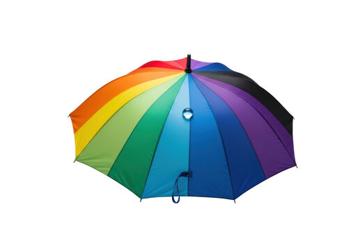 Premium, elegantly folded rainbow umbrella with vibrant segments and a clear water bead, isolated on a clean transparent background, 45-degree angle, high-end product concept