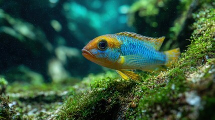 A vibrant fish with blue and orange colors navigates through underwater rocks and green plants. Light filters through clear water creating a serene scene.