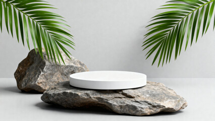 Obraz premium A white circular podium sits on rocks with palm leaves in the background, creating a natural and minimal display setup.