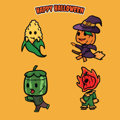 Cute cartoon illustration featuring four Halloween-themed characters on an orange background. Includes a smiling corn, a pumpkin witch flying on a broom, a watermelon monster, and a flaming pumpkin