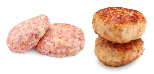 Meat patties isolated on white, collage. Raw and roasted cutlets