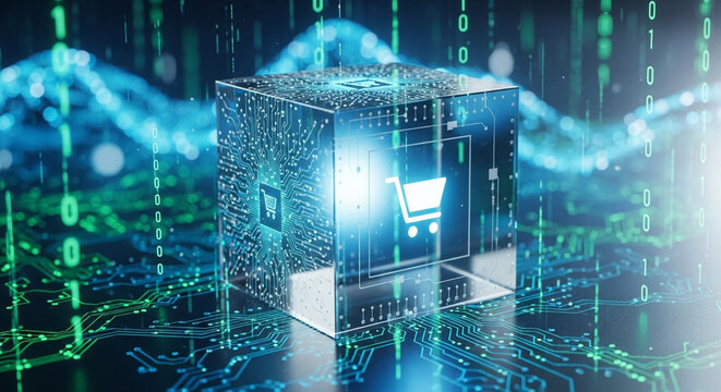 Digital cube with shopping cart icon and binary code overlay representing online retail technology