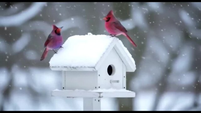 A captivating frame from an animation, depicting two realistic-style Cardinal birds perched on a white, snow-laden birdhouse amidst a gentle snowfall in a serene winter setting.