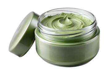 Green clay face mask, in jar, cutout, PNG, isolated on white or transparent background, AI
