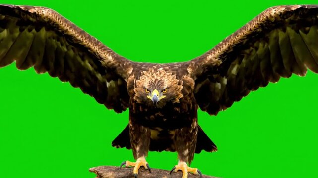 A majestic bird of prey, a powerful eagle with its impressive wings spread wide, is captured against a vibrant green screen. Perched firmly on a sturdy branch, its golden-brown plumage, sharp talons, 