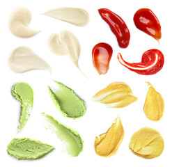 Ketchup, mayonnaise, wasabi and mustard isolated on white, collage