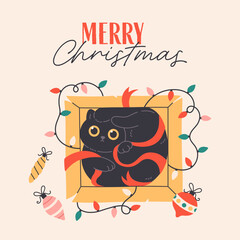 Cute simple Christmas greeting card with cat in box with Christmas toys and garland. Feline Xmas fun. Perfect for cards, invitations, posters, home decor, and seasonal design. Flat vector illustration
