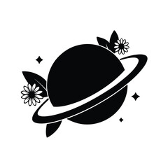 Black silhouette saturn planet with flowers vector art illustration © uttomk