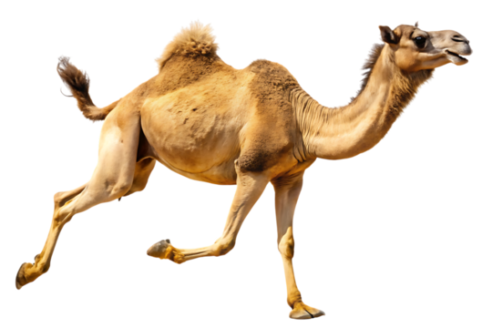 Dromedary Camel, running fast, cutout, PNG, isolated on white or transparent background, AI