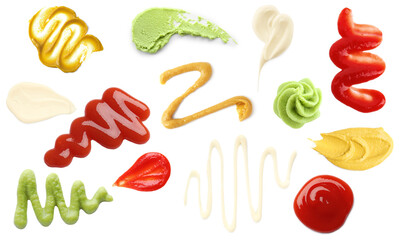 Mustard, ketchup, mayonnaise and wasabi isolated on white, set. Top view