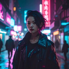 Young woman in leather jacket poses at night in a neon-lit city street