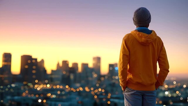 A young migrant man from a diverse background standing on a rooftop, looking over a city skyline, diversity, inclusivity, interracial couples, plus-size models, urban dreams, with