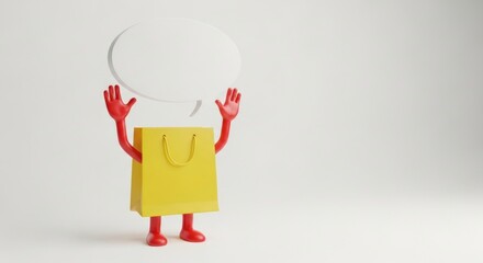 3d yellow shopping bag character holding blank speech bubble on white background