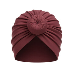 Cotton turban in burgundy color with twisted design, isolated on transparent background. Headwear, traditional acessory. Comfortable cover for hair