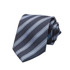 Rolled striped tie in blue and grey colors, isolated on transparent background. Classic and formal clothes. Accessories for men