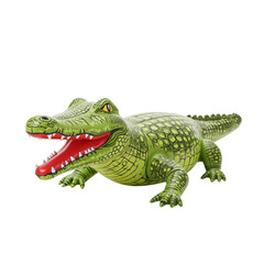 Inflatable green crocodile toy for beach and pool fun, isolated on transparent background. Beach and pool floats, vacation and backyard accessory 