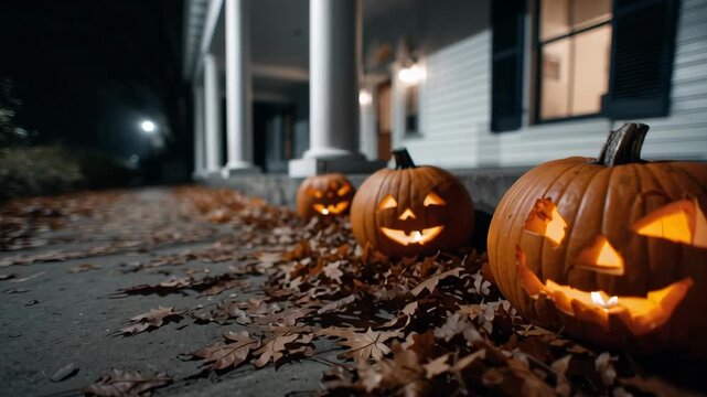 Three pumpkins with their lights on are on a sidewalk. The pumpkins are smiling and the mood of the image is cheerful and festive