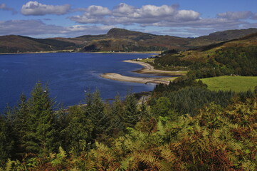 The Isle of Skye (left), The Kyle Rhea Strait, Glenelg Bay and Glenelg (right), Kyle of Lochalsh, Ross-shire, Scotland, UK