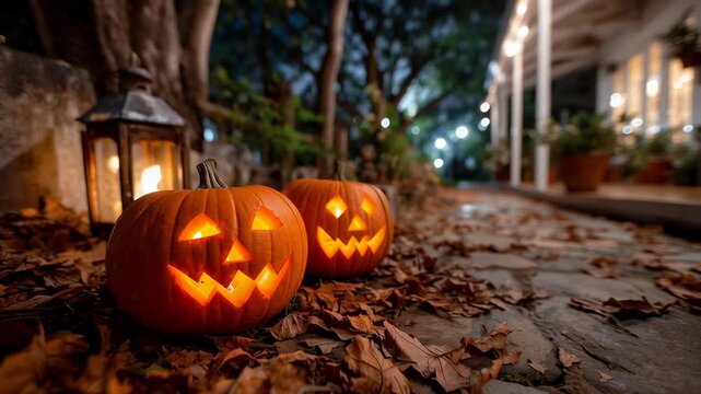 Two pumpkins with their faces lit up on a path. Scene is spooky and festive
