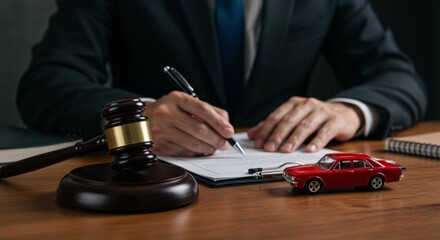 Professional lawyer or notary signing car accident or insurance policy document with gavel and red toy car on a wooden desk