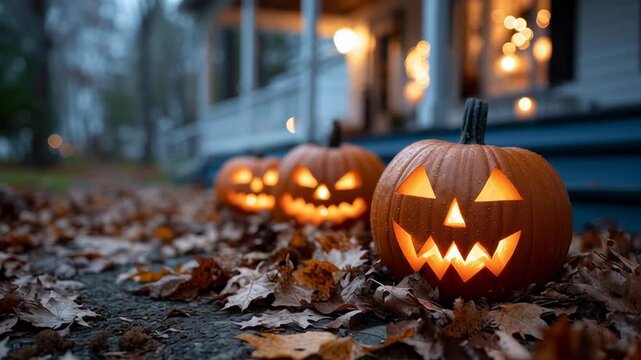 Three pumpkins with scary faces lit up on a porch. Scene is spooky and festive, as the pumpkins are lit up and placed on the ground