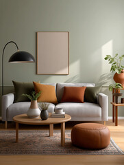 Poster mockup in minimalist cozy modern living room interior