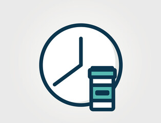 Medication time icon. Clock and pill bottle. Health care isolated vector image