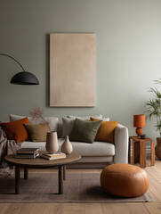 Poster mockup in minimalist cozy modern living room interior