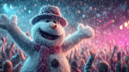 Snowman Character Celebrating at Festive Winter Event With Crowd Generative AI