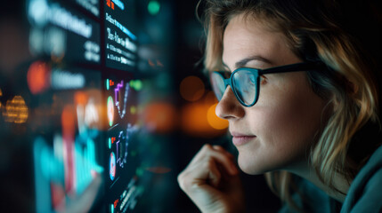 Woman analyzing digital data on a transparent screen surrounded by reflections and bokeh light in a modern office