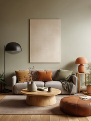 Poster mockup in minimalist cozy modern living room interior