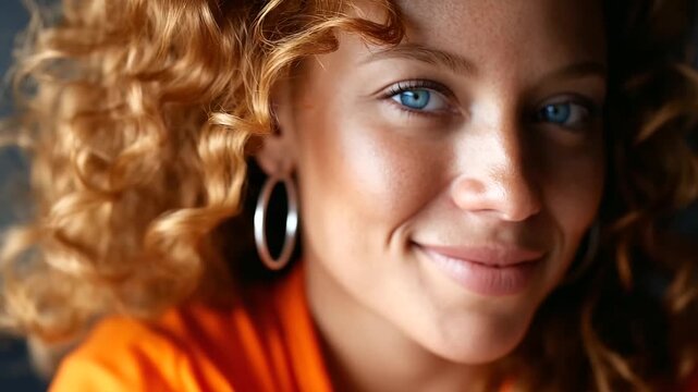 A close-up portrait of a young woman with vibrant red hair and blue eyes in an orange top, part of a diverse community, diversity, inclusivity, interracial couples, plus-size model