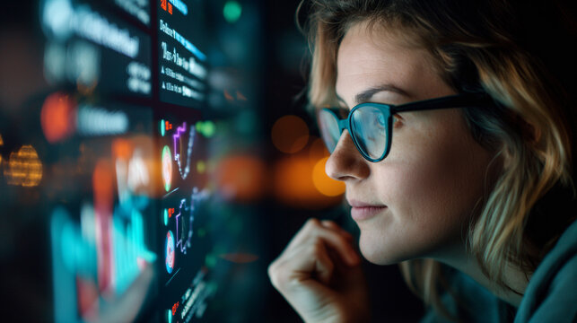 Woman analyzing digital data on a transparent screen surrounded by reflections and bokeh light in a modern office