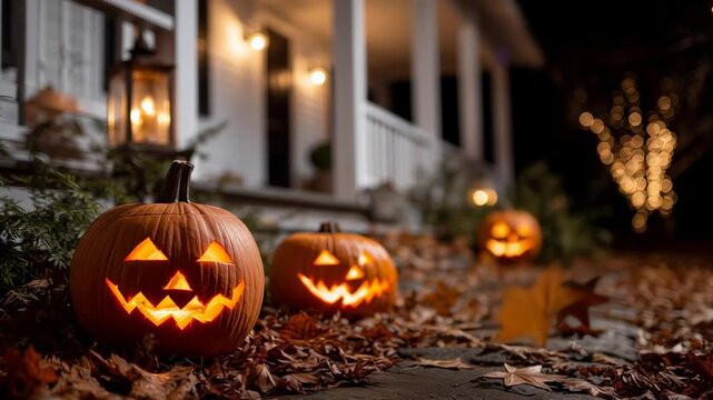 Three pumpkins with faces lit up on a porch. Scene is spooky and festive