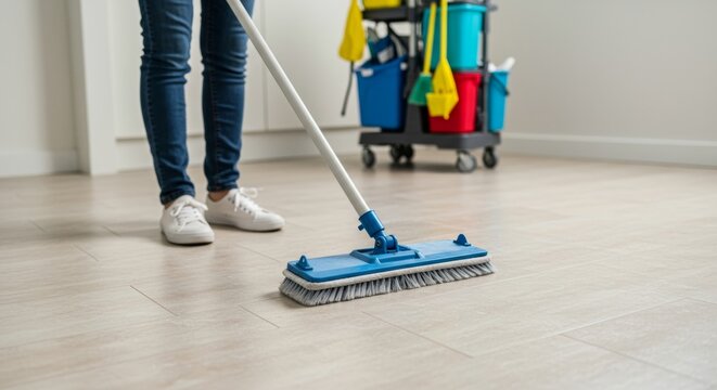 Person diligently mopping a light floor with a flat mop, cleaning cart in background
