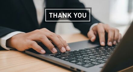 Professional hands typing 'thank you' on laptop keyboard
