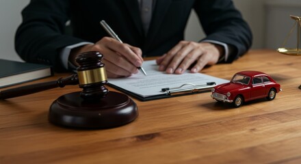 Legal expert signing auto insurance claim: gavel, red toy car, and scales of justice on a wooden desk representing car accident litigation and compensation process