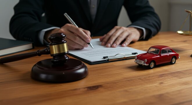 Legal expert signing auto insurance claim: gavel, red toy car, and scales of justice on a wooden desk representing car accident litigation and compensation process