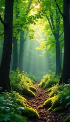Obraz premium Sun-Dappled Forest Path Tranquil Mossy Scene, Perfect for Nature, Relaxation, and Environmental Themes. Ideal for Websites, Blogs, and Publications.