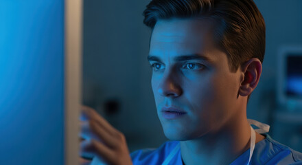 Focused healthcare professional analyzing patient data on computer screen in dimly lit medical environment. Digital healthcare technology enhances patient care for doctors and healthcare providers.