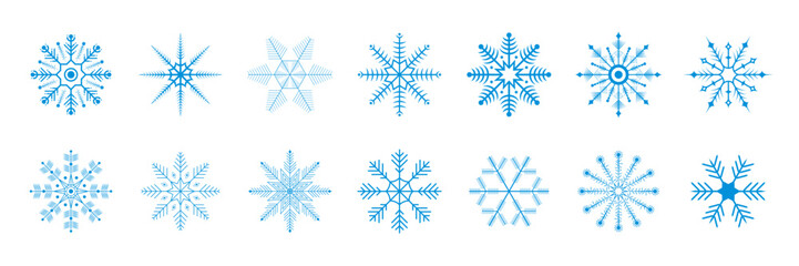 Blue snowflakes icon vector set, isolated Christmas snowflake silhouette collection. Linear snowflakes symbol elements for Christmas banner, winter holidays and new year cards.