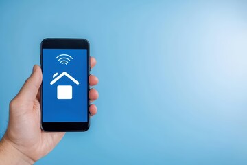 Smart Home concept. Mobile Application for Smart Home Control with Wi-Fi Signal Icon on Blue Background for Modern Living Technology