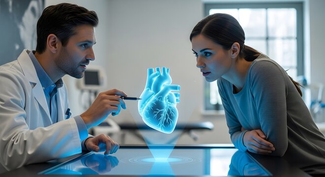 Doctor explains glowing holographic heart to patient in modern medical consultation room, showcasing advanced healthcare technology and patient care