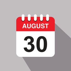 30 august calendar date icon. vector illustration with shadow design