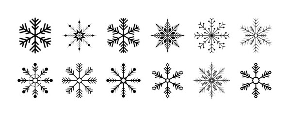 Set of snowflake black vector icon, simple flat Christmas snow winter signs. Snowflakes design element for Christmas card, happy new year banner and winter holidays projects.