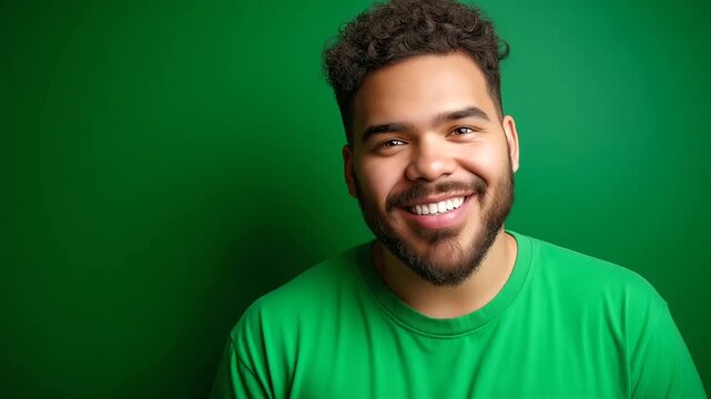 A cheerful young man from a diverse background in a green shirt, smiling confidently against a green background, diversity, inclusivity, interracial couples, plus-size models, posi