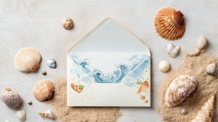 A decorative envelope with a watercolor wave design rests on a sandy surface scattered with various seashells creating a beach-inspired setting.