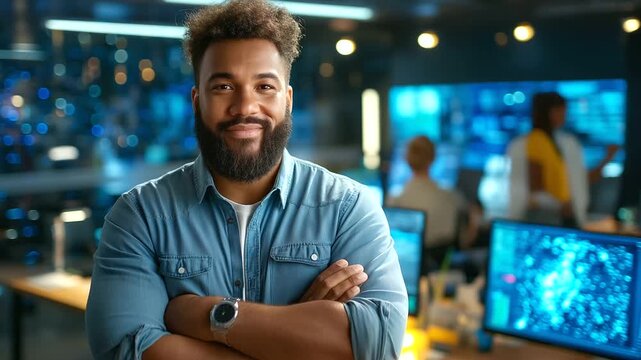 A confident young businessman or data analyst from a multiracial background in a modern tech office, diversity, inclusivity, interracial couples, plus-size models, tech professiona